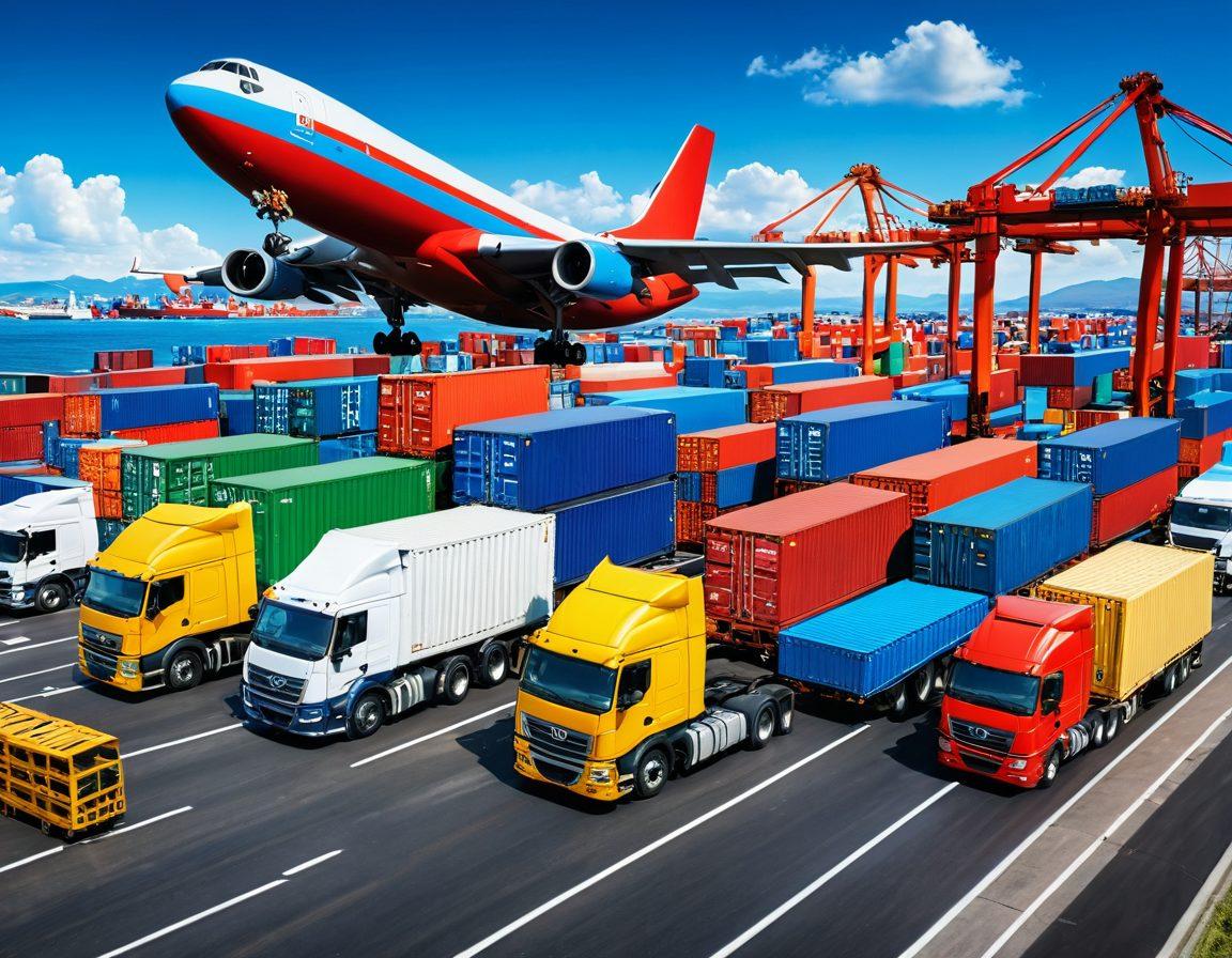 A vibrant and bustling cargo logistics scene featuring a busy freight load board backdrop, showcasing diverse trucks, shipping containers, and joyful workers collaborating. Include visual elements of maps and digital interfaces to symbolize streamlined processes, with a focus on unity and efficiency. A bright blue sky overhead, symbolizing optimism and joy in the journey of logistics. super-realistic. vibrant colors. 3D.