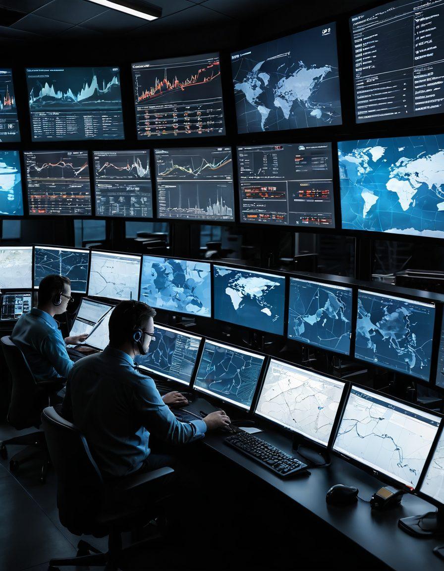 A modern dispatcher’s control room filled with high-tech monitors displaying real-time shipping data and freight exchanges. In the foreground, a focused dispatcher is operating advanced logistics software, surrounded by interactive maps and graphs. Bright screens depict ships, trucks, and planes in transit, creating a sense of dynamic movement. The atmosphere is vibrant and high-energy, emphasizing the intersection of technology and transportation. A digital overlay showcases shipping routes and statistics. super-realistic. vibrant colors. 3D.
