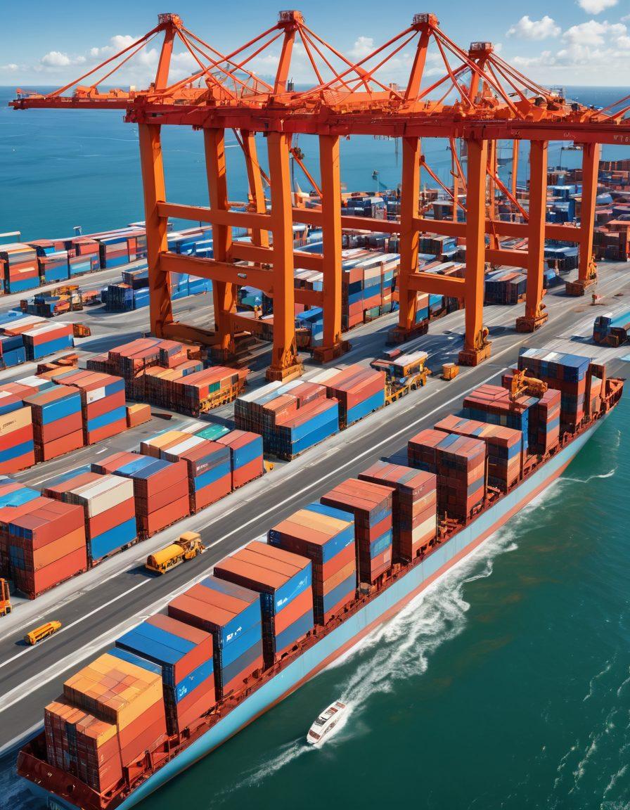 A dynamic scene showcasing a well-organized cargo transportation network with trucks, containers, and digital screens displaying load matching strategies. Include diverse workers collaborating and analyzing data, emphasizing efficiency and teamwork. The background should feature a busy port with cranes and ships, highlighting logistics in motion. Add a touch of modern technology like drones assisting in cargo management. super-realistic. vibrant colors. 3D.